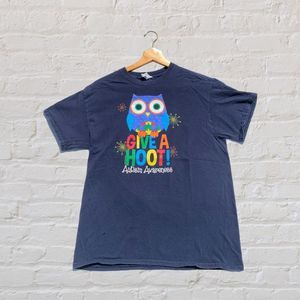 Y2K Autism Awareness T-Shirt “Give A Hoot” Owl Puzzle Size Medium